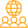 three orange people with a globe above them icon