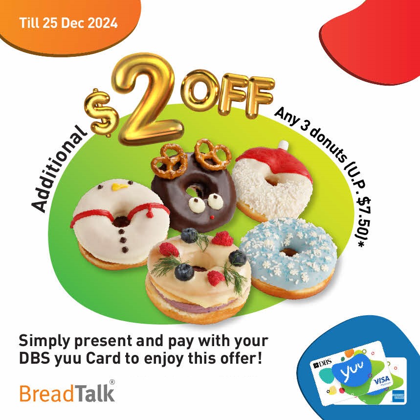 DBS yuu card, S$2 off on top of any 3 festive donuts