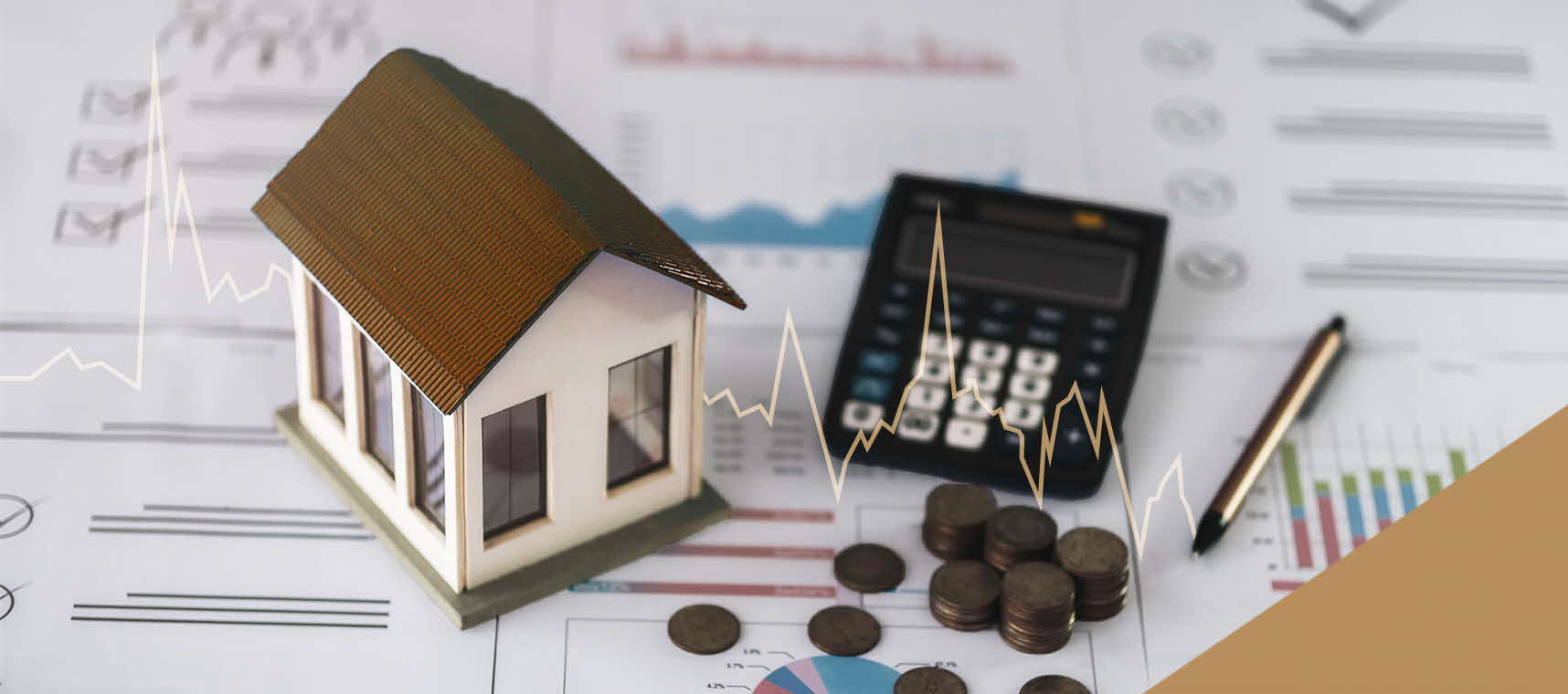 Image of a model house against a backdrop of calculation spreadsheets and calculators.