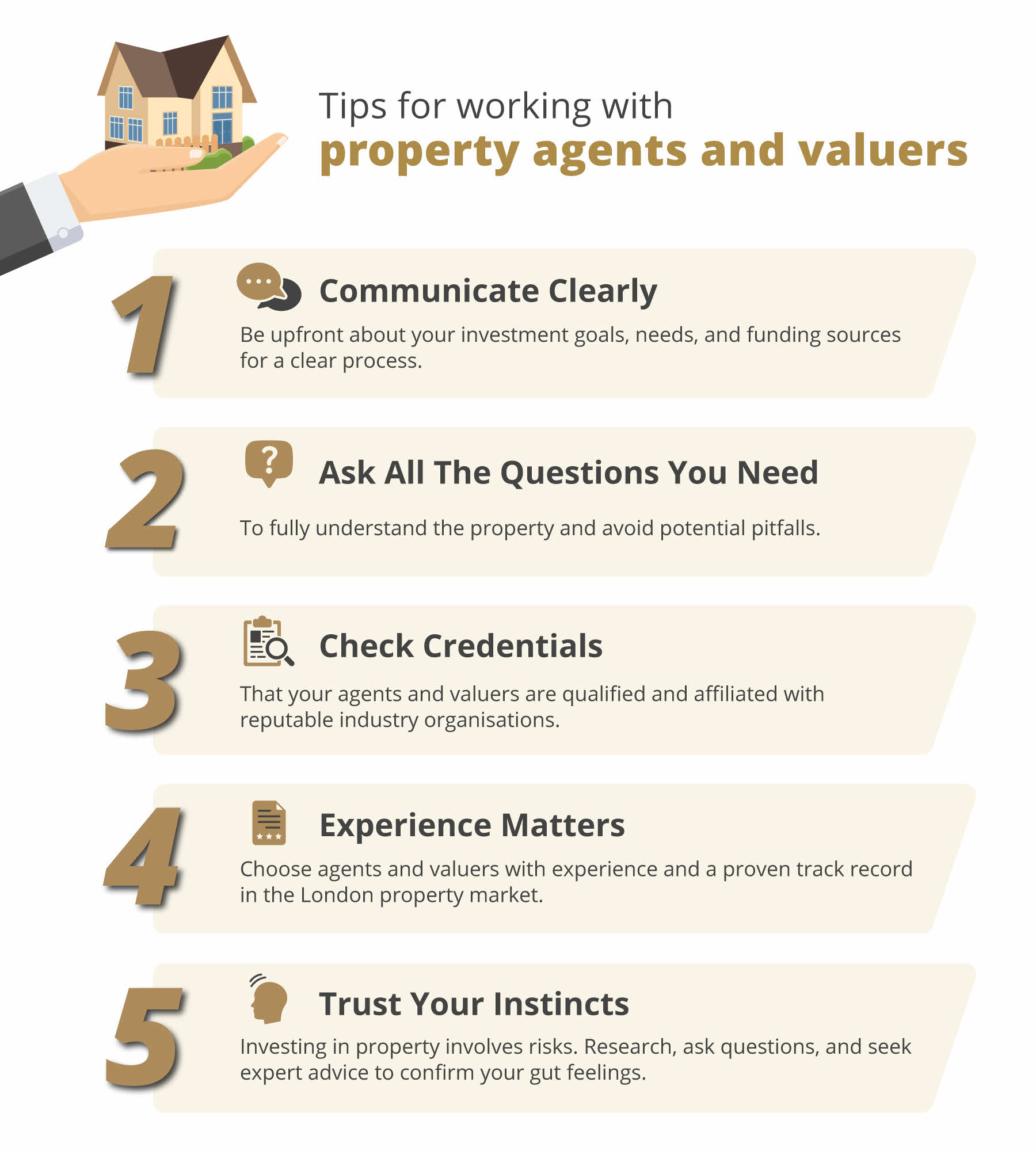 Infographic summarising the key tips for working with property agents and valuers: Communicate clearly, ask questions, check credentials, experience matters, and trust your instincts.