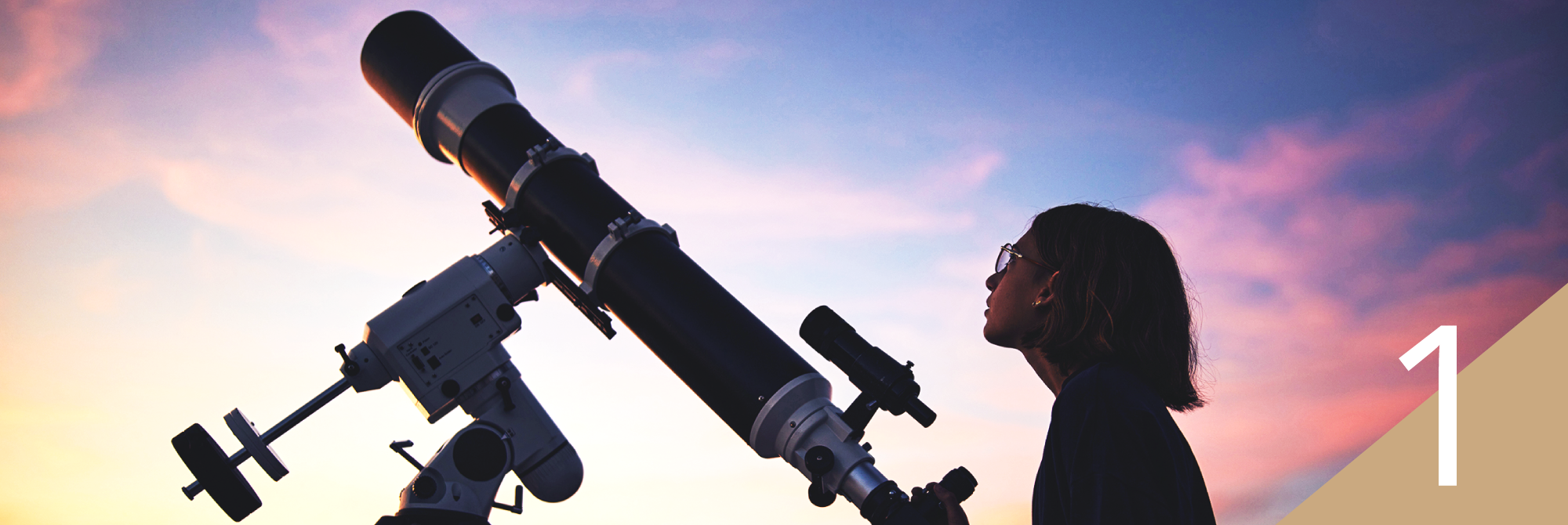 Young girl looking up into the sky with a telescope, indicating her aspirations. 