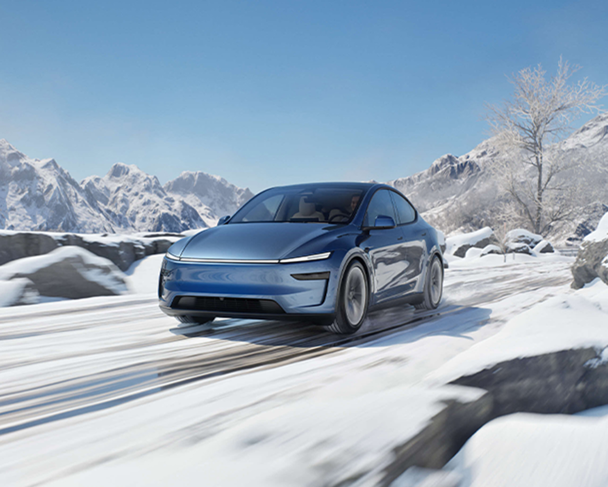 Tesla New Model Y snow mountain background photo